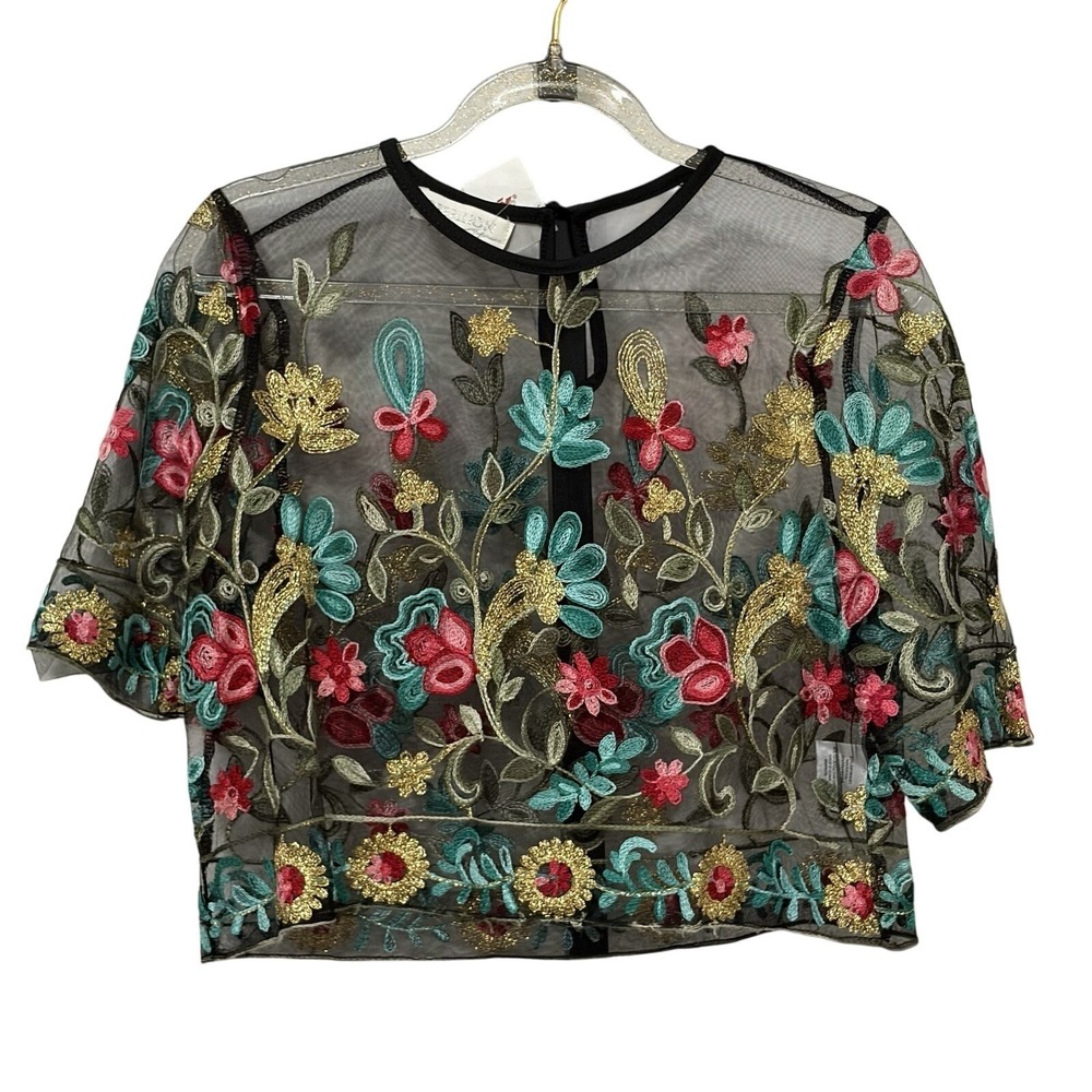 Whimsical Sheer Mesh Floral Embroidered Festival Top S Fairy Boho Rave Layering